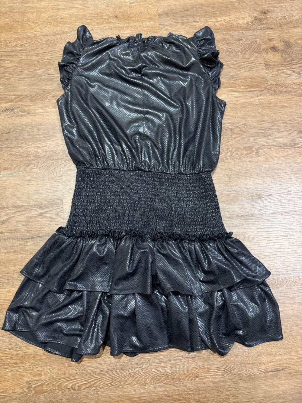 TCEC Faux Leather Black Snake Smocked Ruffle Tiered Mini Dress - Picture 9 of 10